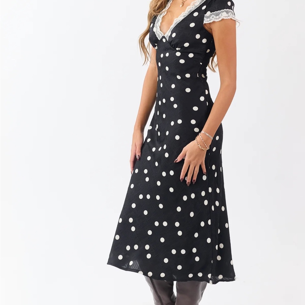Black Polka Dot Midi Dress with Lace Trim